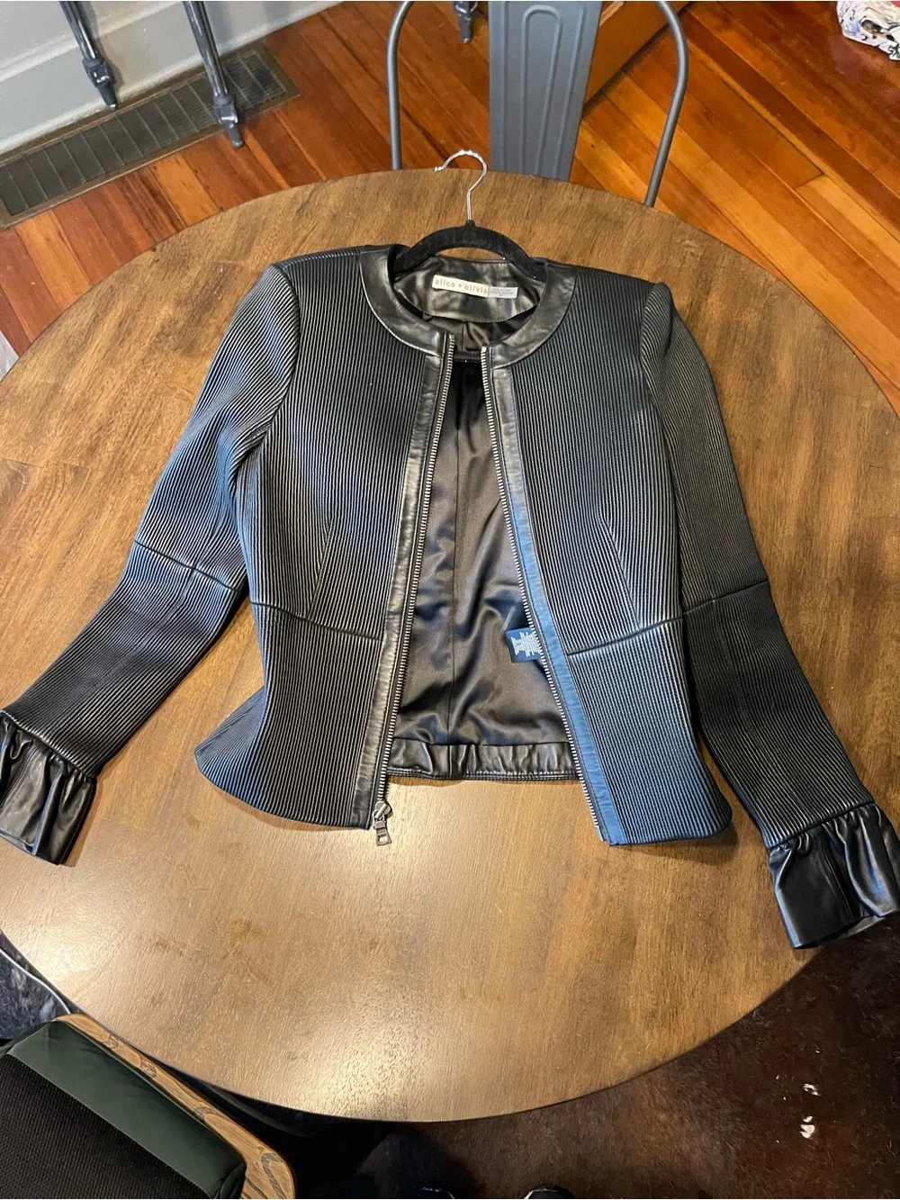 Alice + Olivia Black Ribbed Zip-Front Jacket with Leather Trim